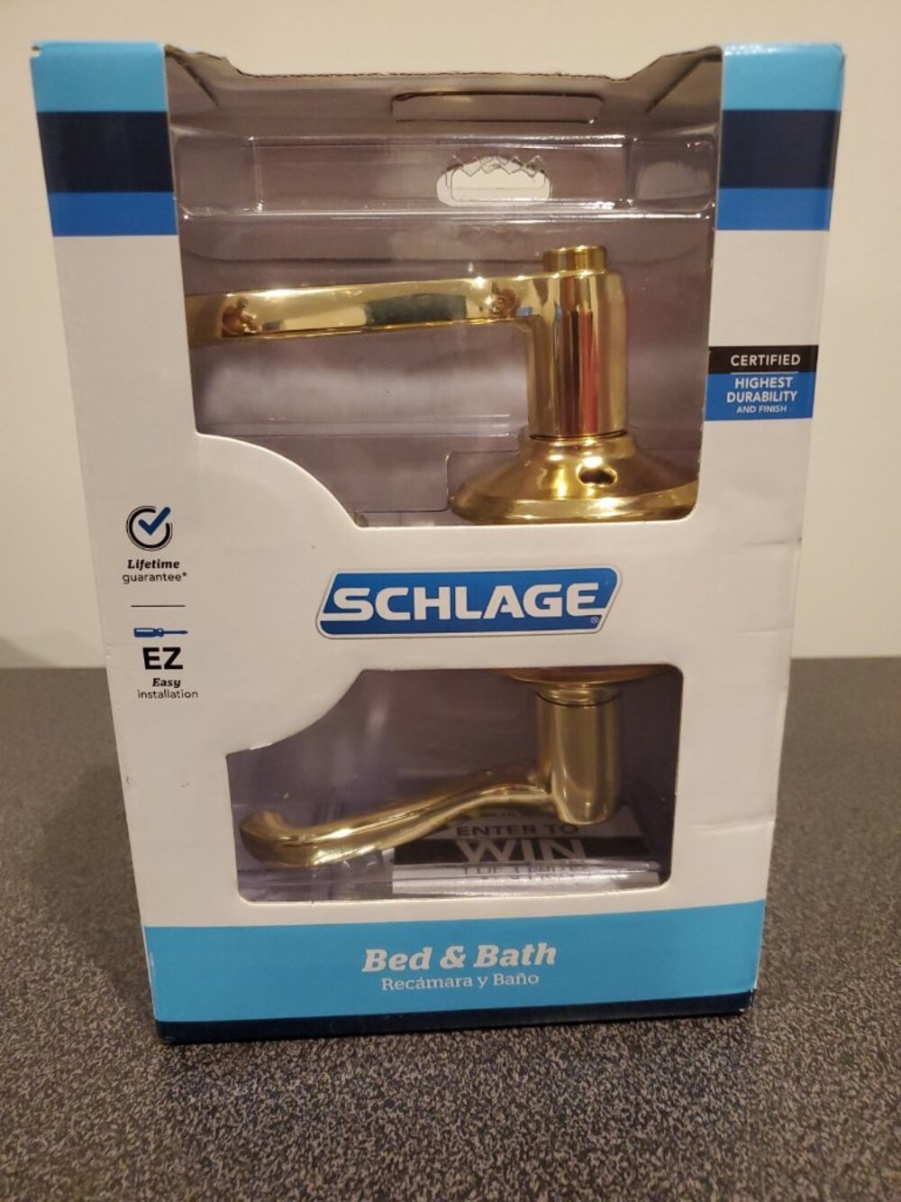 Schlage Bed & Bath Door Level Handle F40V FLA605 Gold Bright Brass 1 Side Silver